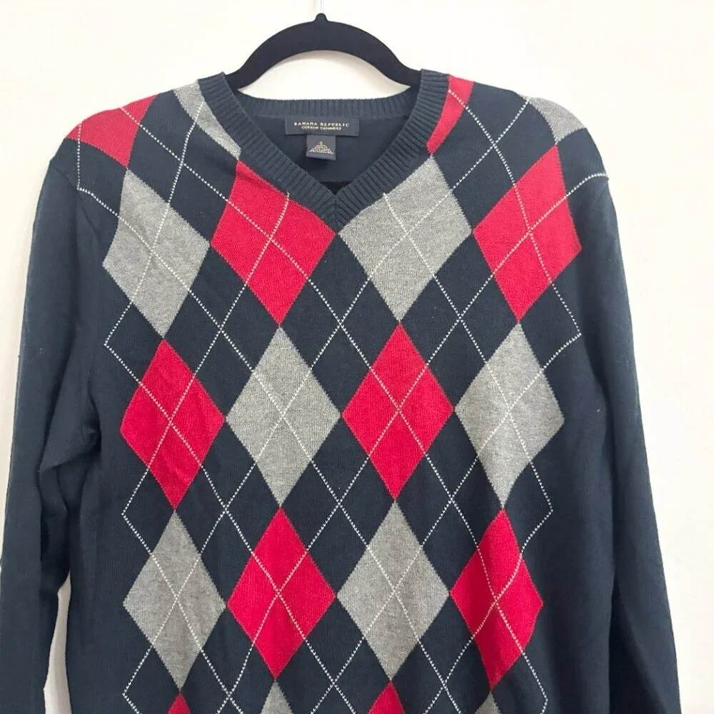 EUC Banana Republic Cashmere & Cottom V Neck Argyle Long Sleeve Sweater - Small